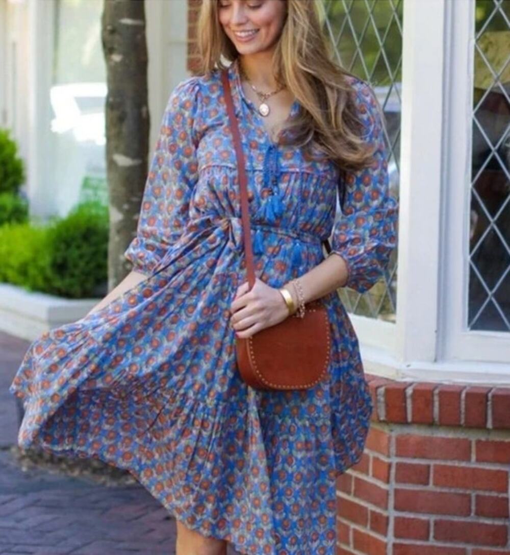 EMERSON FRY India Collection XS Wednesday Blue Flowers Heirloom Dress NWT Belt